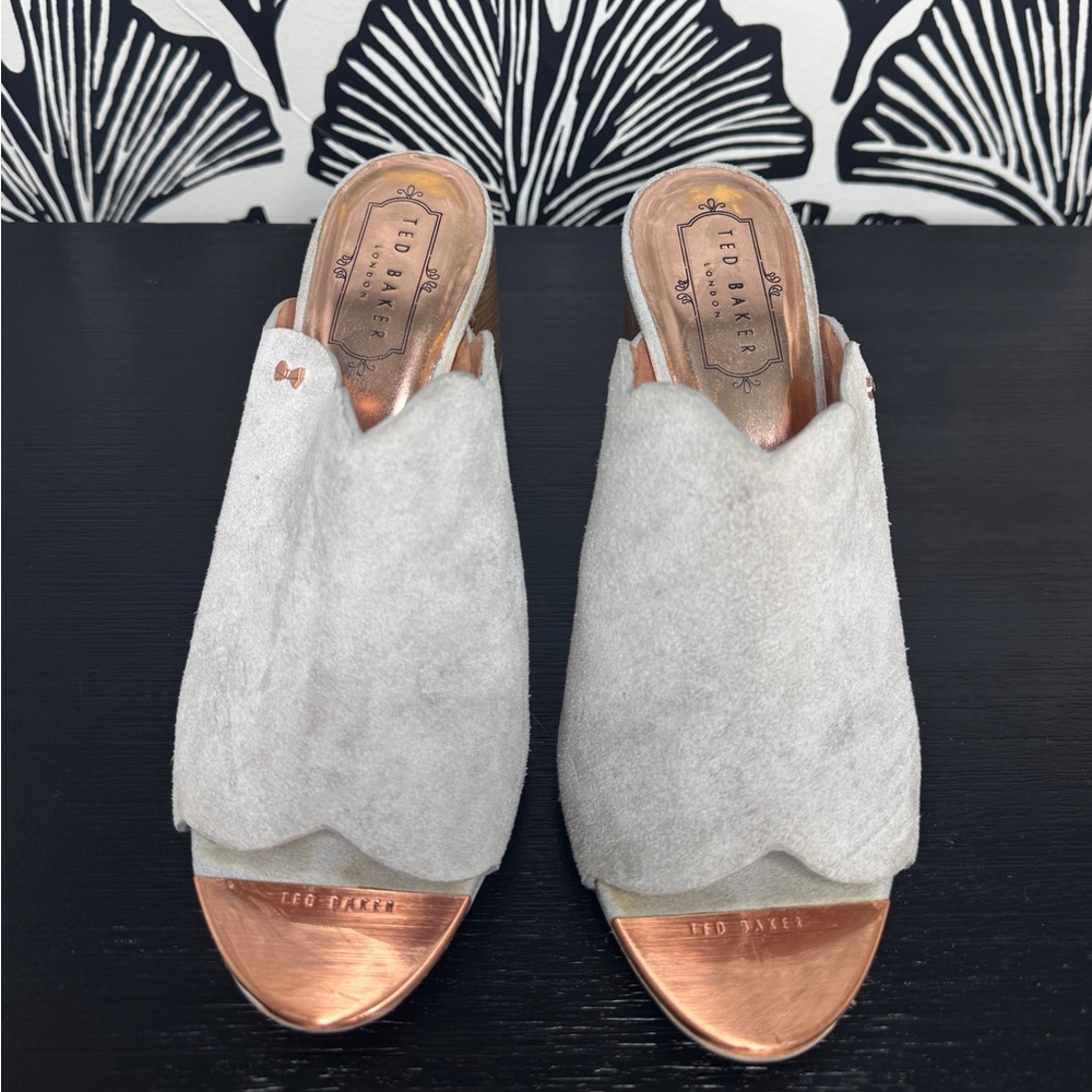 Ted Baker Light Gray Suede Slide Mules with Rose Gold Footbed